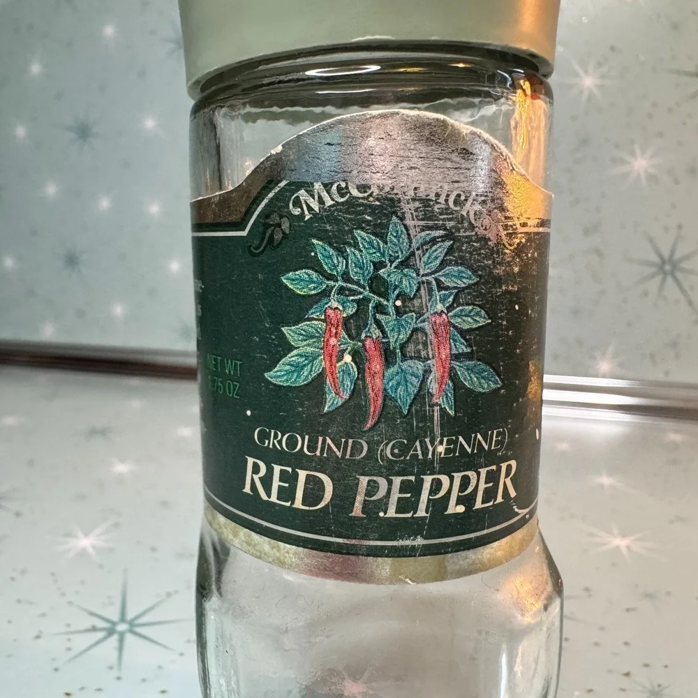 Vintage McCormick Cayenne Red Pepper Jar Green Lid and Label Glass Spice Bottle